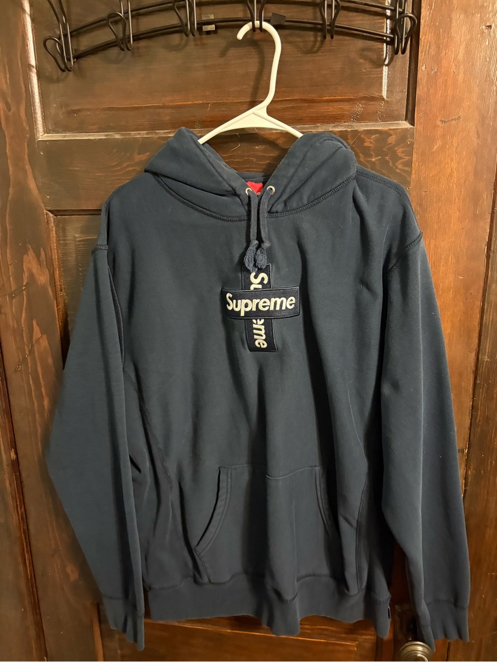 Supreme Navy Pullover Hoodie with Center Chest Logo